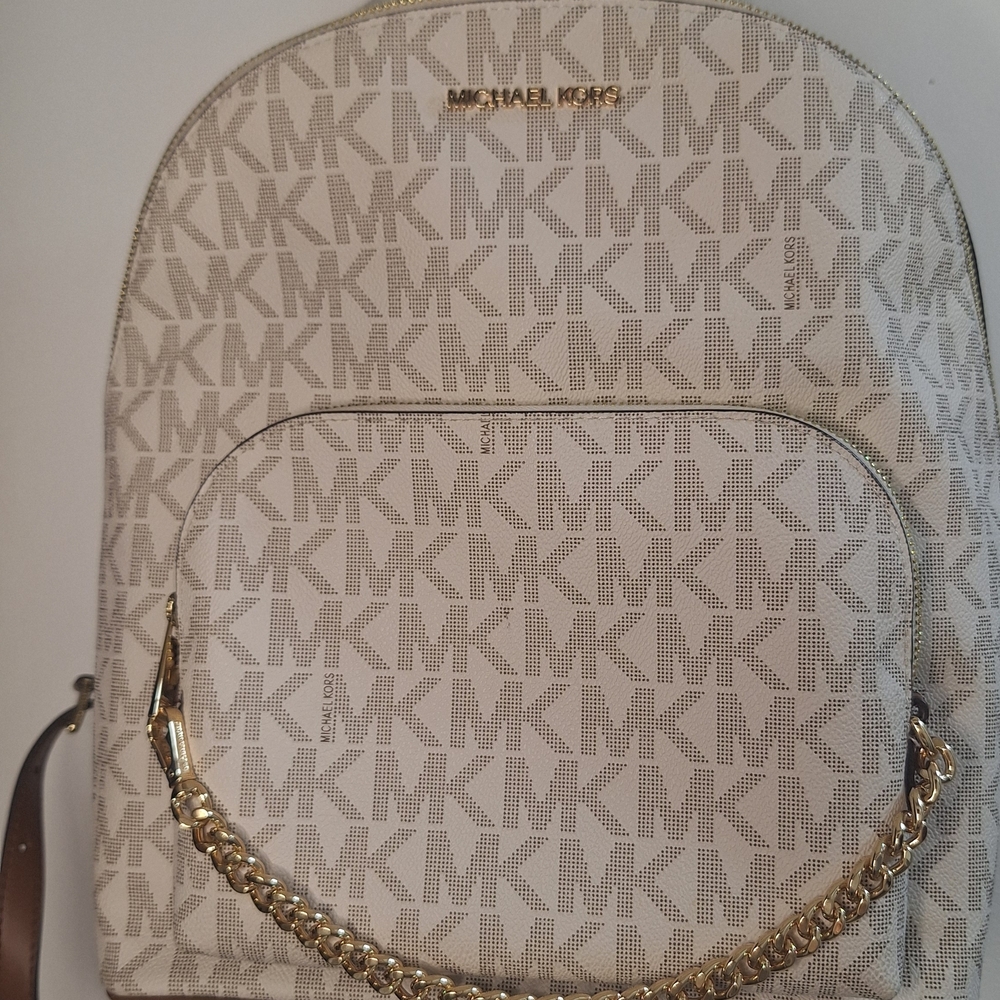 Michael Kors Cream Signature MK Logo Backpack with Gold Chain Accent